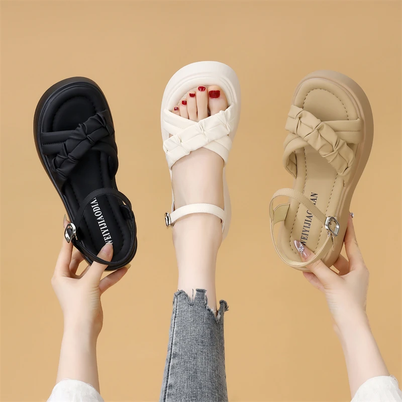 厚底凉鞋女夏2025新款小个子增高时尚仙女风配裙爆款沙滩鞋小码34