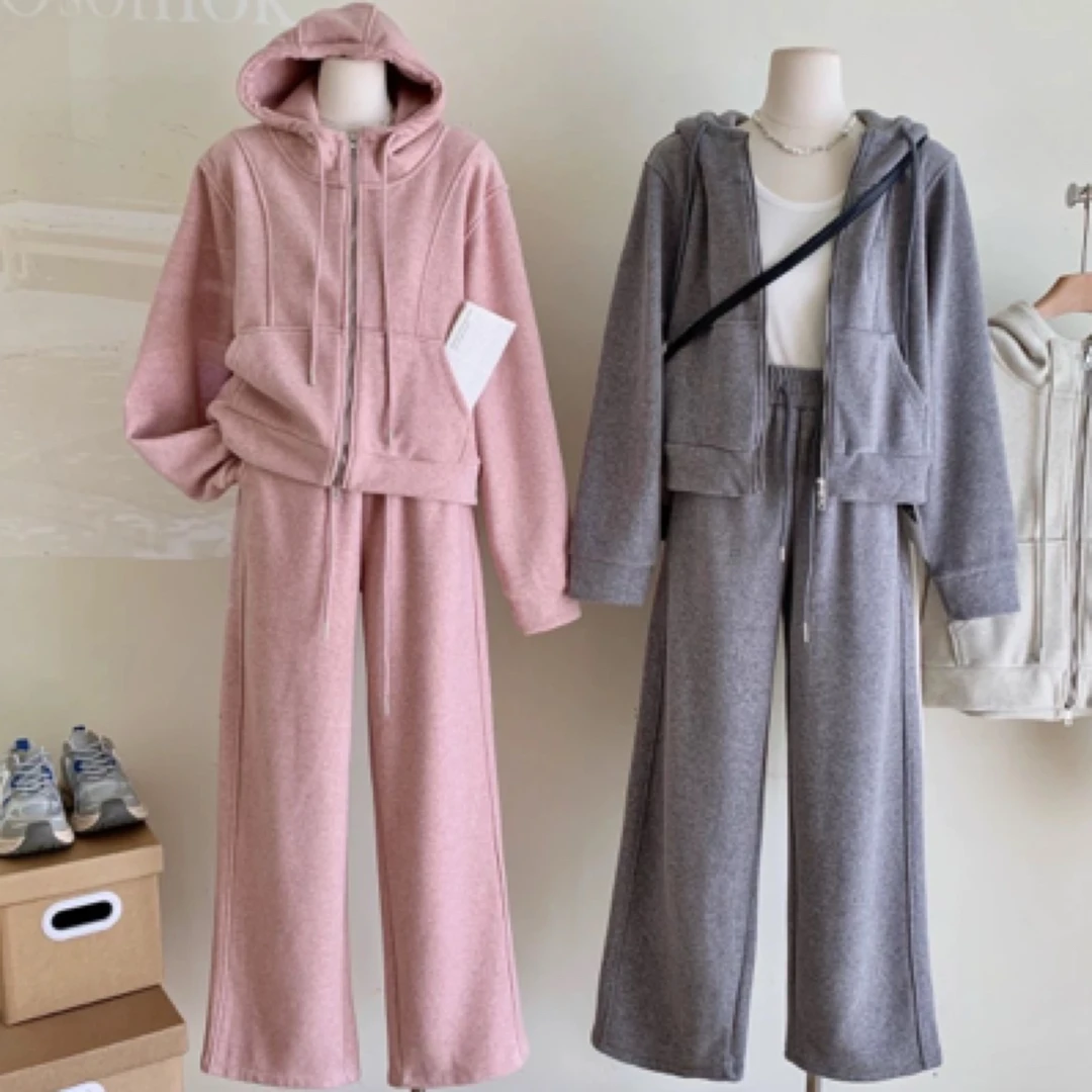 2505韩系春季新款连帽卫衣阔腿卫裤女小个子休闲百搭慵懒风两件套