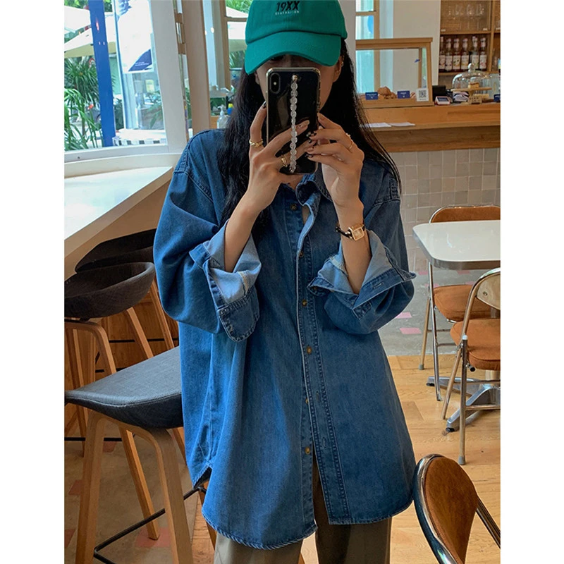 蓝色牛仔衬衫外套女早秋季2025年新款爆款百搭衬衣设计感小众上衣