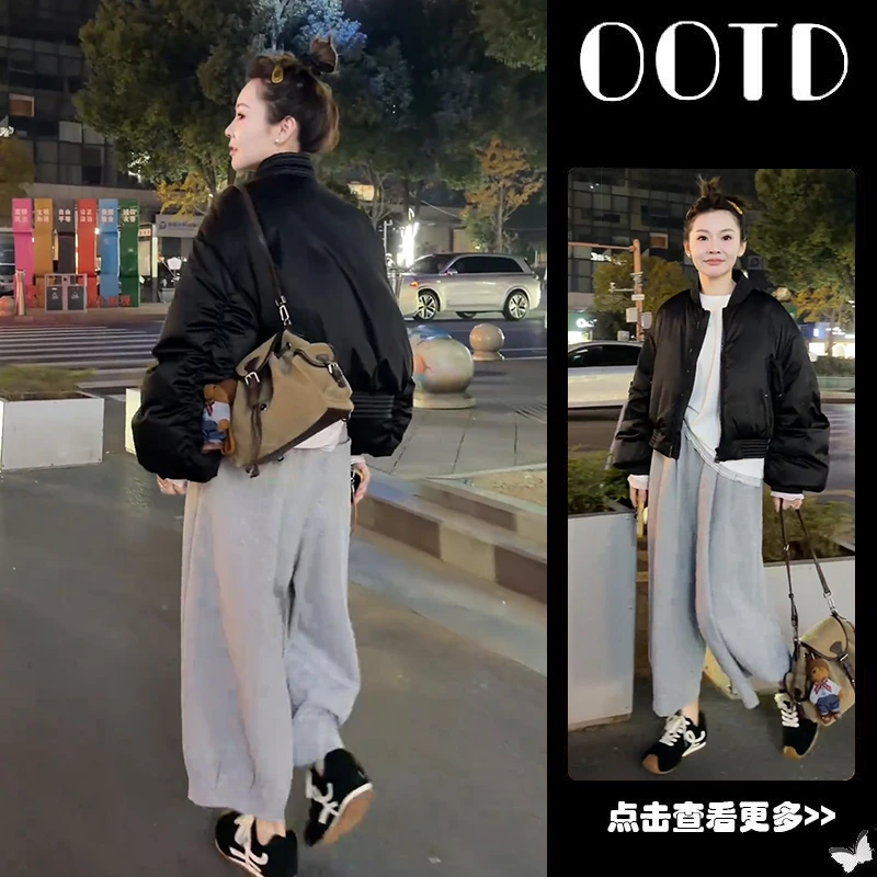 秋冬流行穿搭一整套女2025新款黑色宽松棉服外套百搭休闲裤两件套