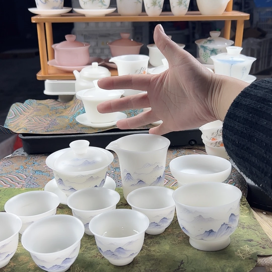 素烧璞玉元宝盖碗170ml茶海过滤组6个反口杯压手杯_紫色万里山河