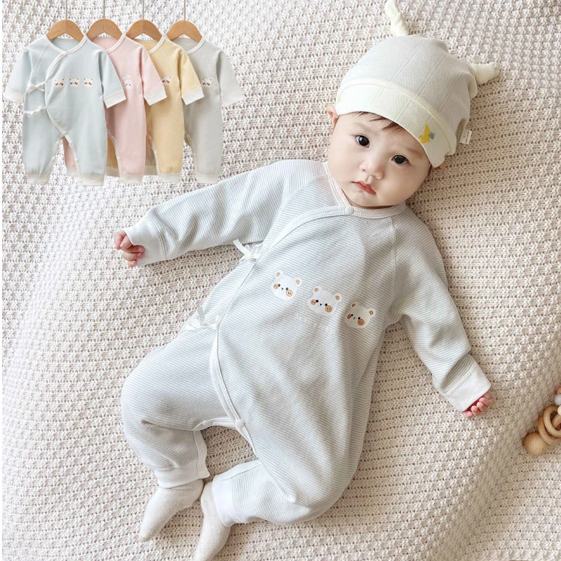 婴儿护肚蝴蝶衣新生儿月子服舒绒棉宝宝贴身无骨长袖条纹哈衣春秋