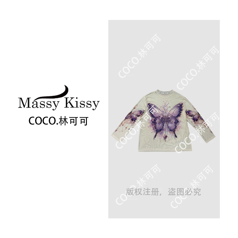 Coco 林可可 常规镶钻卡通蝴蝶长袖圆领T恤印花网红宽松夏季