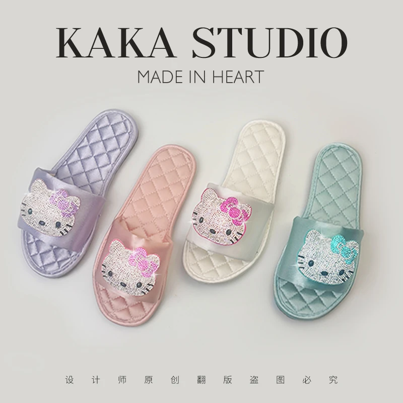 可爱闪钻猫猫头绸缎一字拖鞋春夏季软底防滑外穿家居家女士凉拖