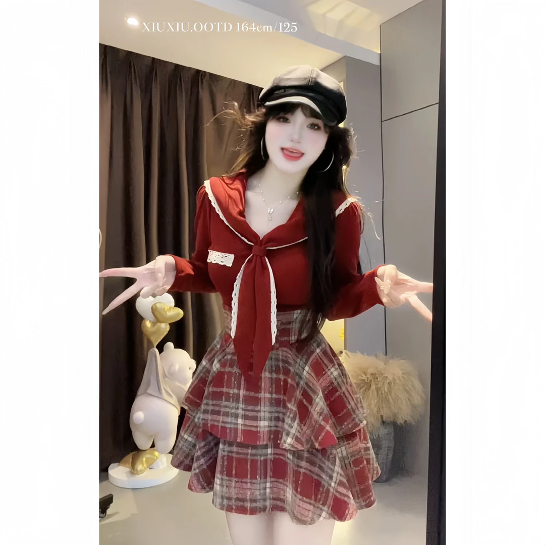 【月光夜曲】7616微胖海军领蝴蝶结修身上衣毛呢格子束腰裙两件套