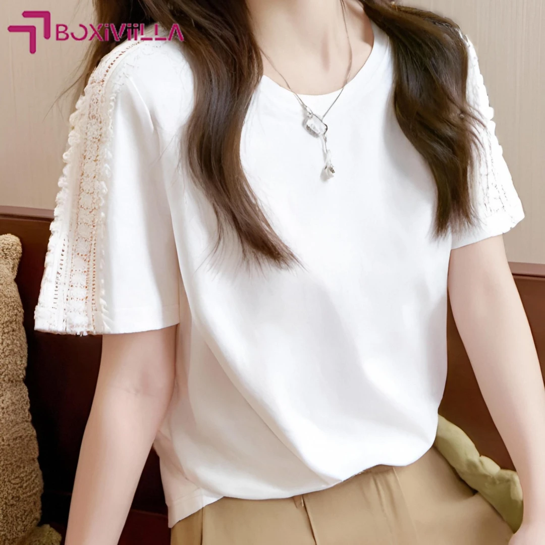 Boxiviilla洋气时尚纯棉拼接蕾丝花边短袖T恤女夏新款显瘦白色上