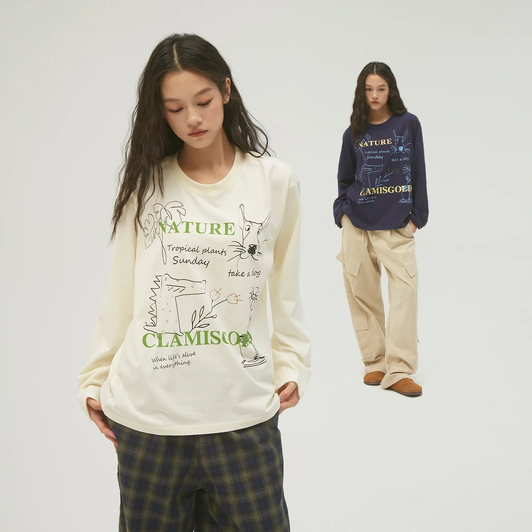 CASD（Clamisgold）花卉动物*字母涂鸦宽松长袖T恤男女显瘦上衣潮