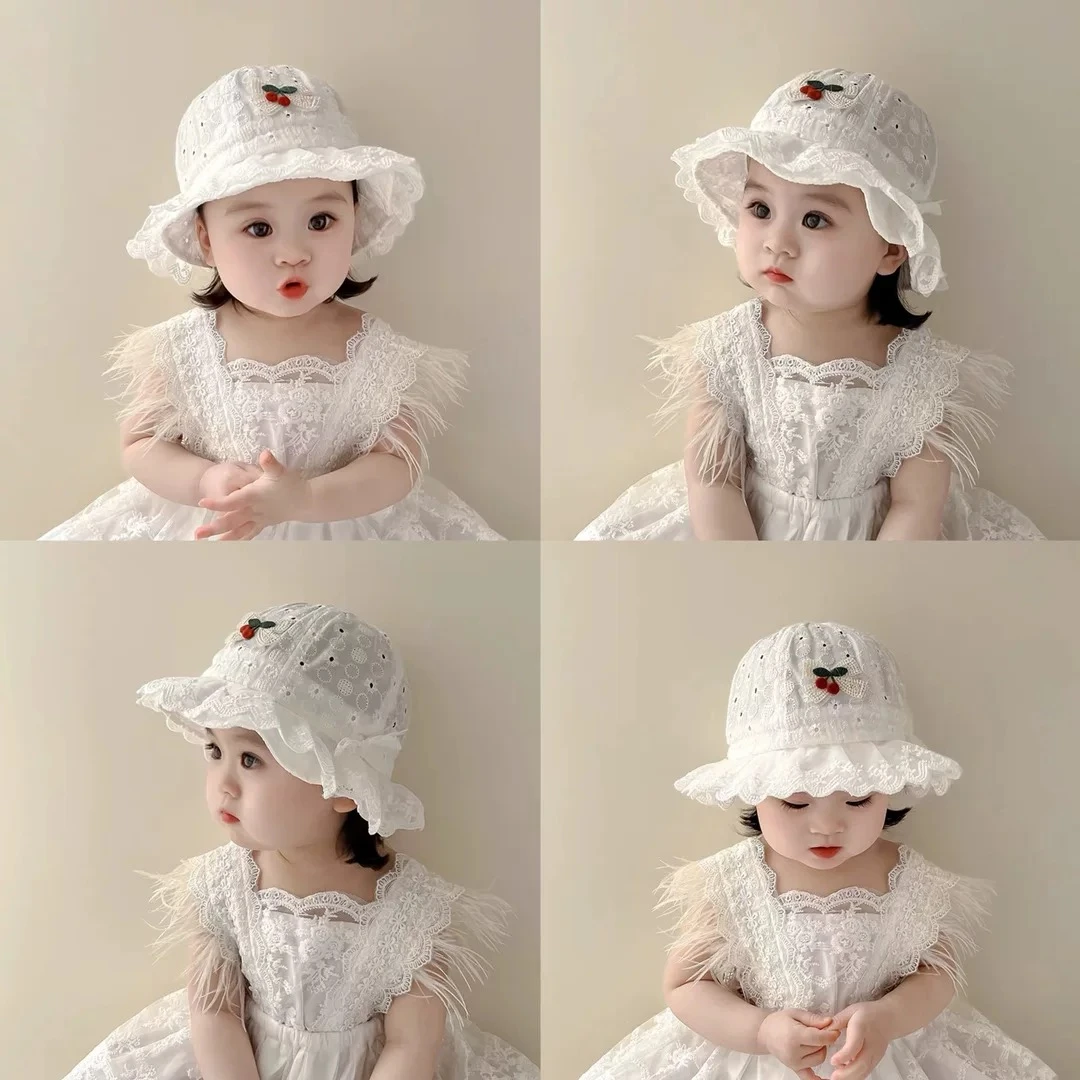 宝宝帽子春夏季薄款女宝宝樱桃遮阳渔夫帽小公主盆帽夏季太阳帽潮
