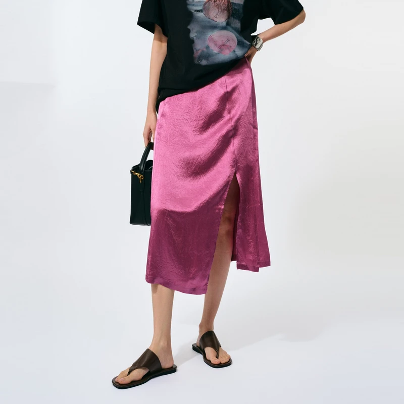 U/TI【明星同款】全醋酸轻奢风去算肌理感侧开叉透气靓色时尚半身裙