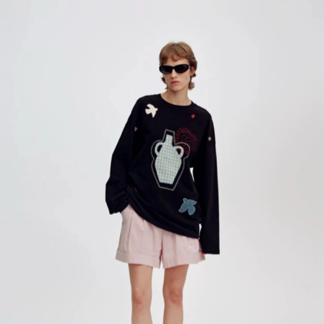 【新品】SHORT SENTENCE短句25春设计师款拼布刺绣宽松长袖T恤