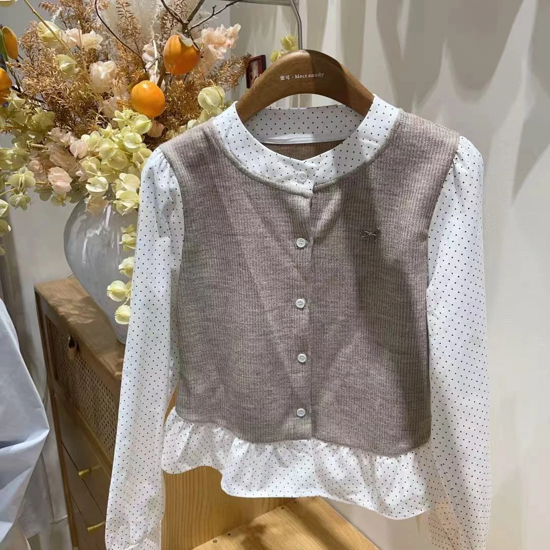 时尚秋季针织长袖拼接上衣格子常规袖假两件毛针织衫