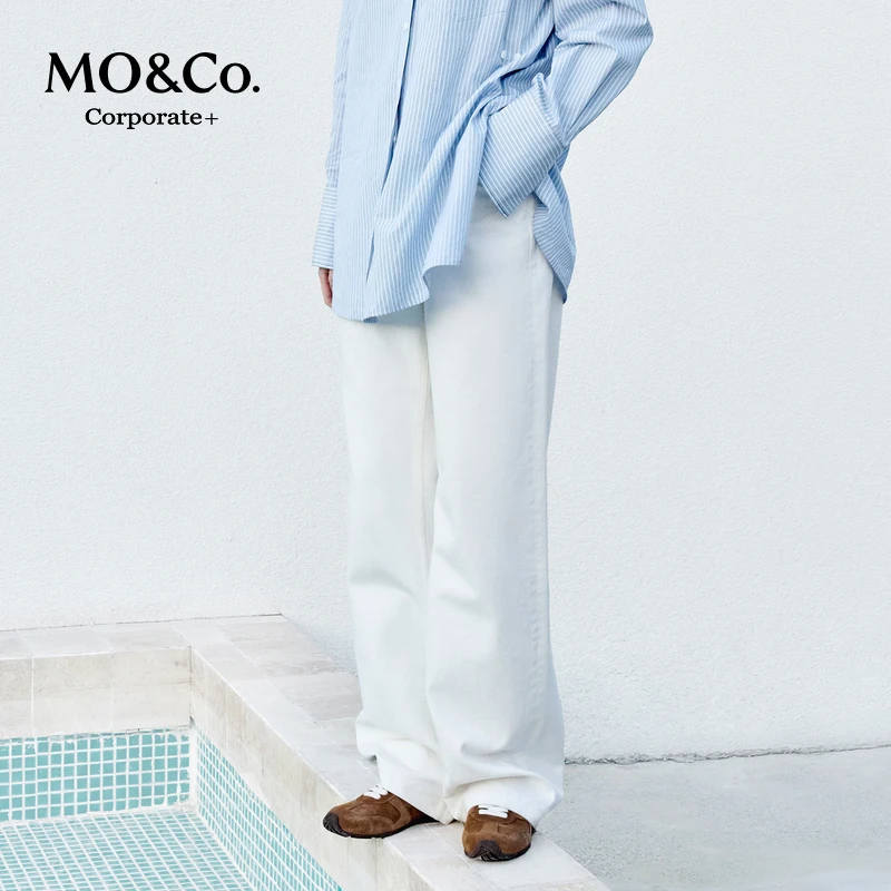 MOCO牛仔裤2025春新品酵洗白色棉质精裁高腰及地直筒MBE1JEN032