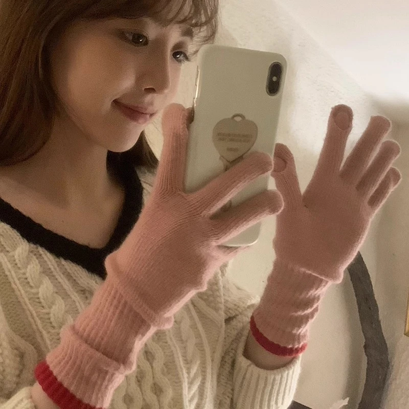 手套冬女学生韩版长款五指触屏针织毛线防寒保暖户外漏指骑行手套