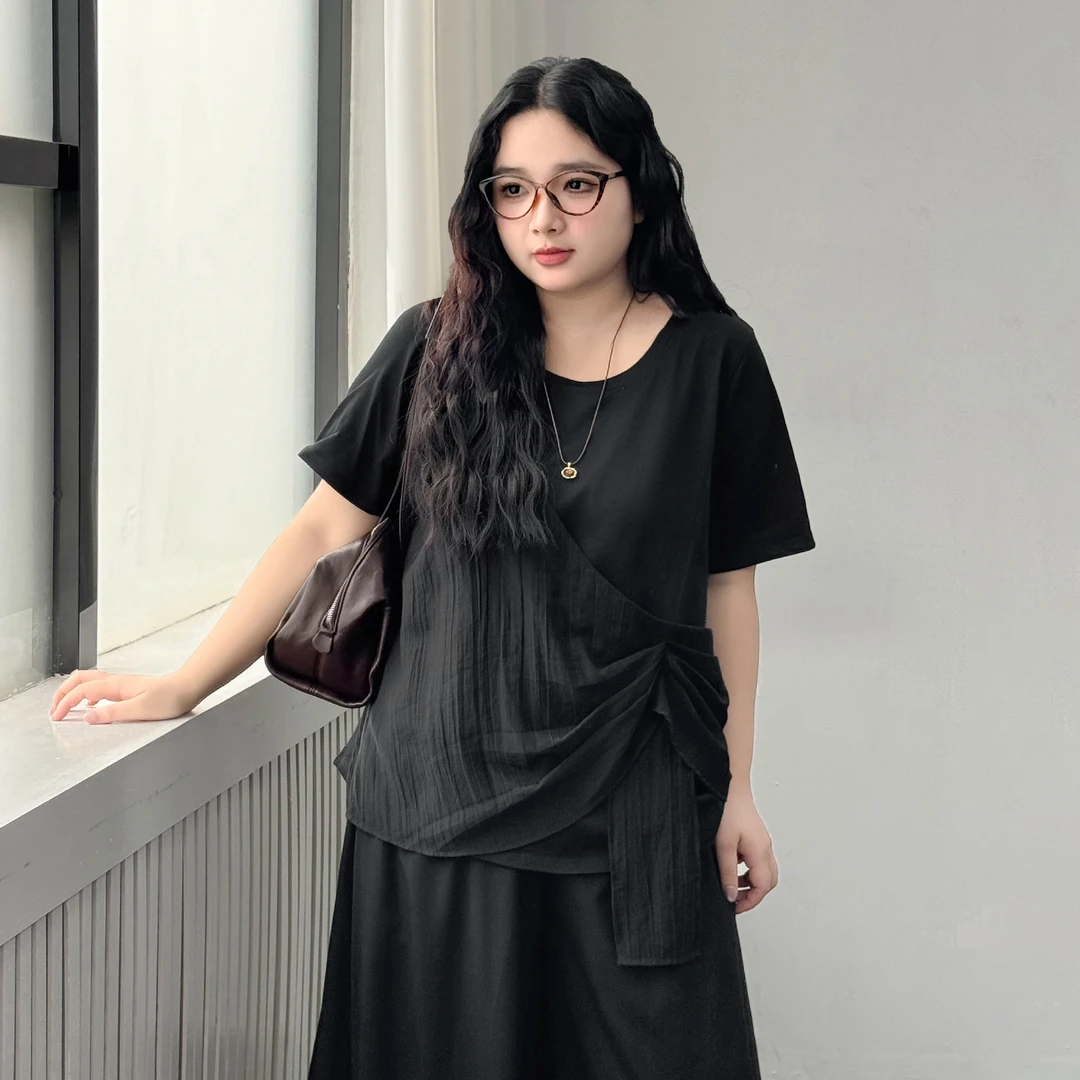 DX8115大码女装【松弛感不规则T】秋季设计感拼接显瘦短袖T恤上衣