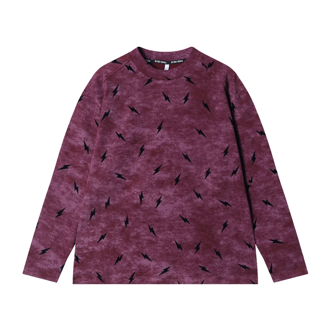 秋冬季新款时尚个性扎染闪电印花圆领长袖T恤百搭情侣套头上衣