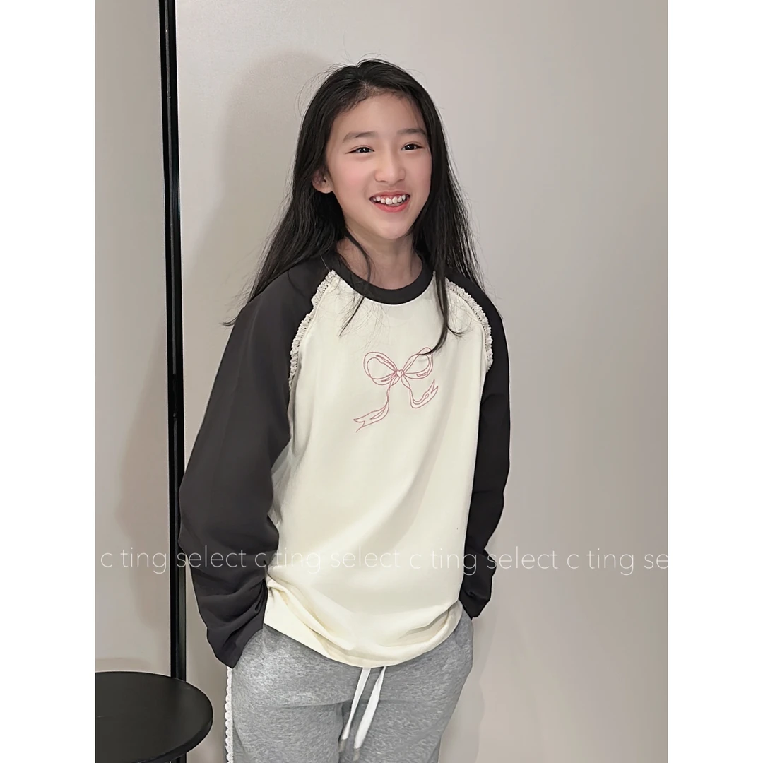 【C TING】新款韩版亲子装童装蝴蝶结刺绣蕾丝拼接长袖T恤-1040