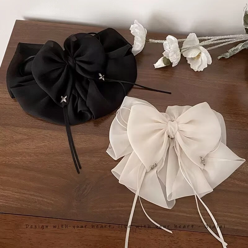 复古蝴蝶结发夹女网纱布艺后脑勺气质低马尾抓夹盘发夹子头饰发饰