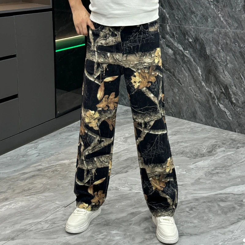 美式街头复古嘻哈牛仔裤男秋季印花涂鸦个性直筒裤宽松垂感阔腿裤