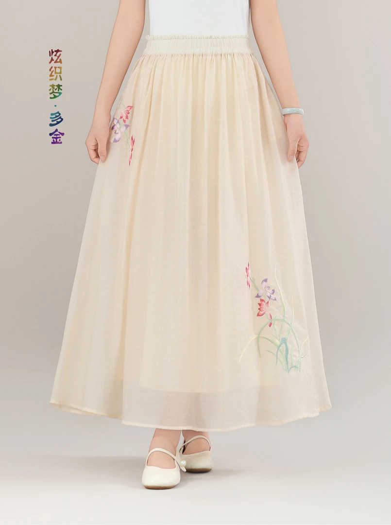 炫织梦多金25夏款口袋兰花刺绣宽松遮肉松紧双层仙女裙半身裙2502