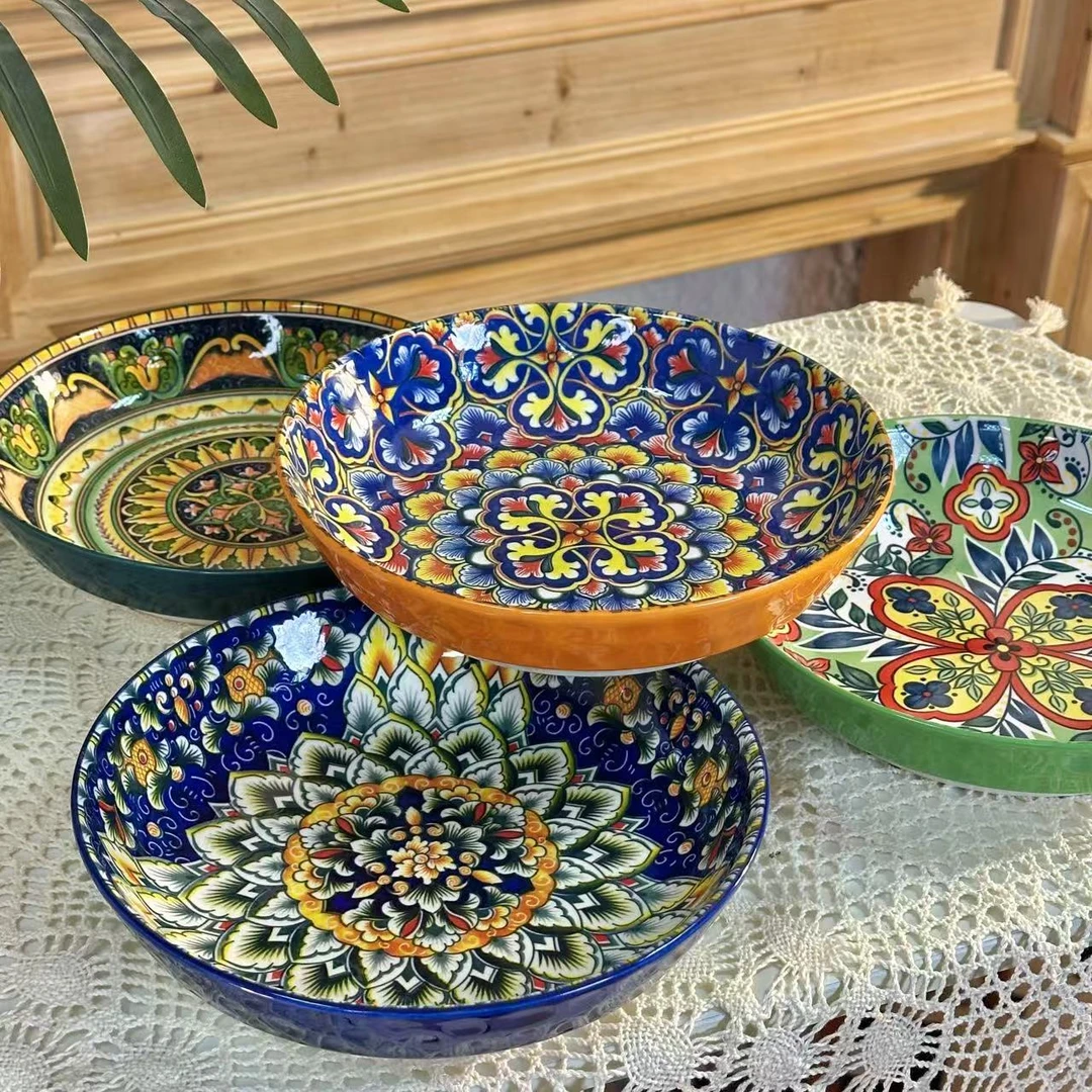 和颜悦色-8英寸深盘4个混装釉下彩家用菜盘民族艺术陶瓷餐具创意