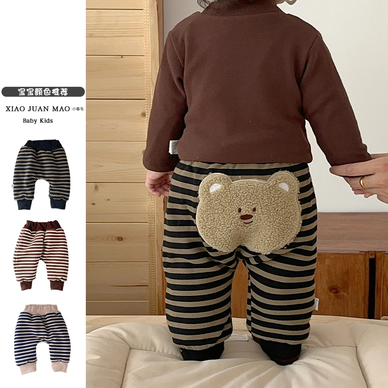 T24D26秋冬男宝女宝韩系百搭洋气大屁屁条纹加绒小熊绣花裤子