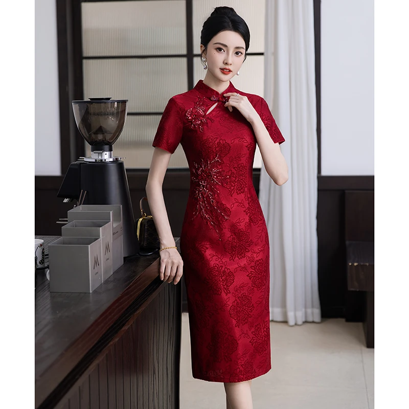 中式立领短袖夏季旗袍喜服妈妈装喜婆婆婚礼优雅气质修身大码日常
