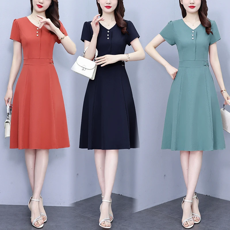 CD#1006 大码妈妈装纯色微弹连衣裙夏装新款气质小个子时尚修身裙