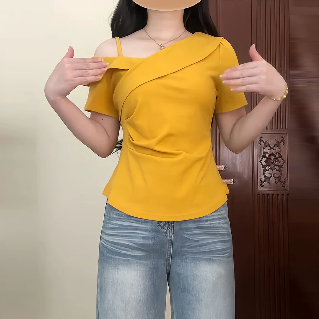 大码露肩短袖T恤女夏季胖mm显瘦不规则纯欲风单肩设计感小众上衣