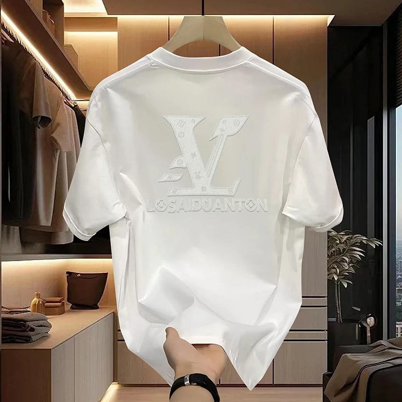 oversize慵懒风刺绣男女情侣款轻奢圆领宽松T2086潮流美式上衣