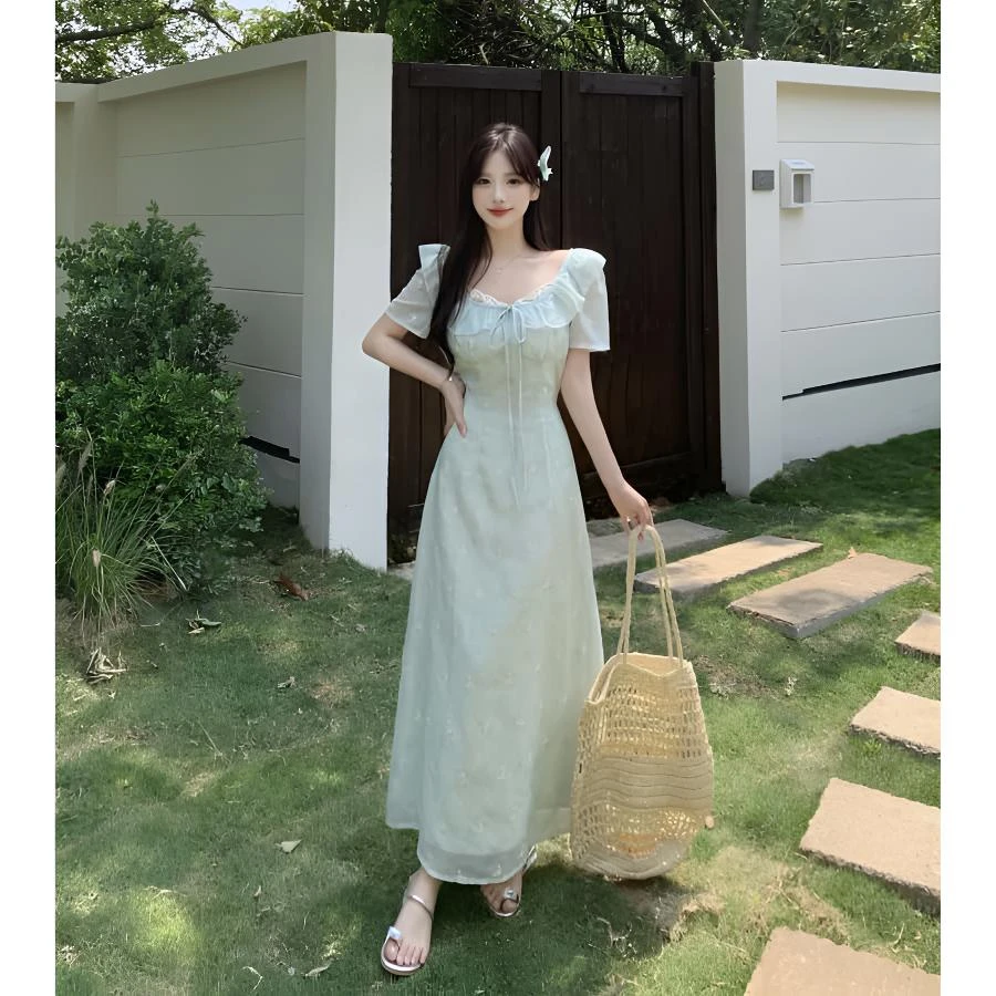 D076#夏大码女装温柔风法式大码连衣裙胖mm显瘦遮肉遮肚子连衣裙