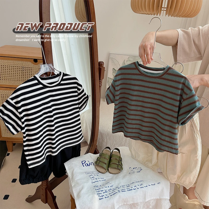 《亏米价》复古t恤韩版儿童衣服短袖洋气男童女童条纹半袖体恤TU129