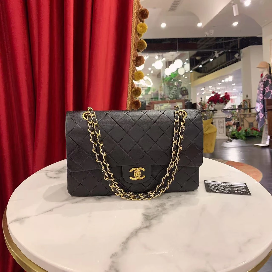 95新 Chanel/香奈儿 GGS丨CF中号黑金菱格牛单肩包1开/72764532