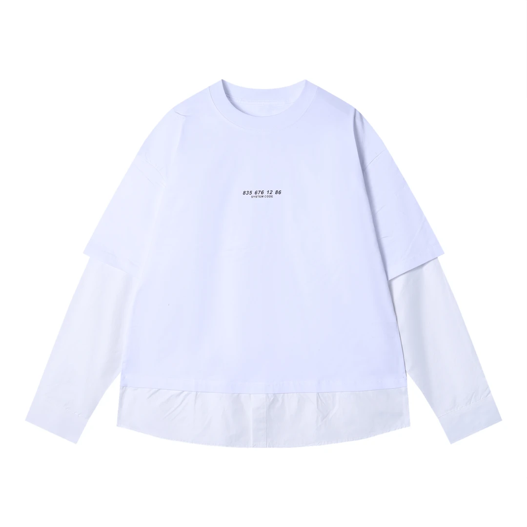 夏季高级感新款韩版拼接印花数字假两件圆领长袖T恤休闲百搭宽松