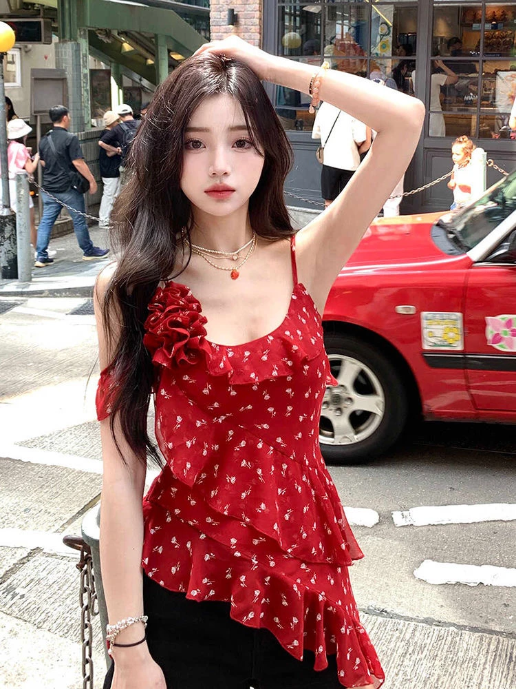 甜辣碎花不规则荷叶边吊带背心女夏季设计感收腰修身雪纺小衫上衣