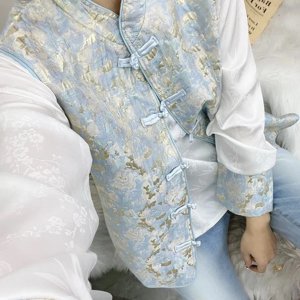 小影家(海上明月)新中式国风盘扣马甲外套复古提花气质上衣