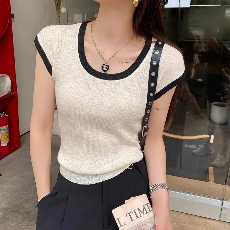 老钱风松弛感女装贵气K夏季新款撞色短袖T恤女冰丝打底衫显瘦别致