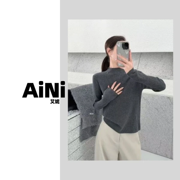 《艾妮家》新款一亮片中领针织打底毛衫608-3