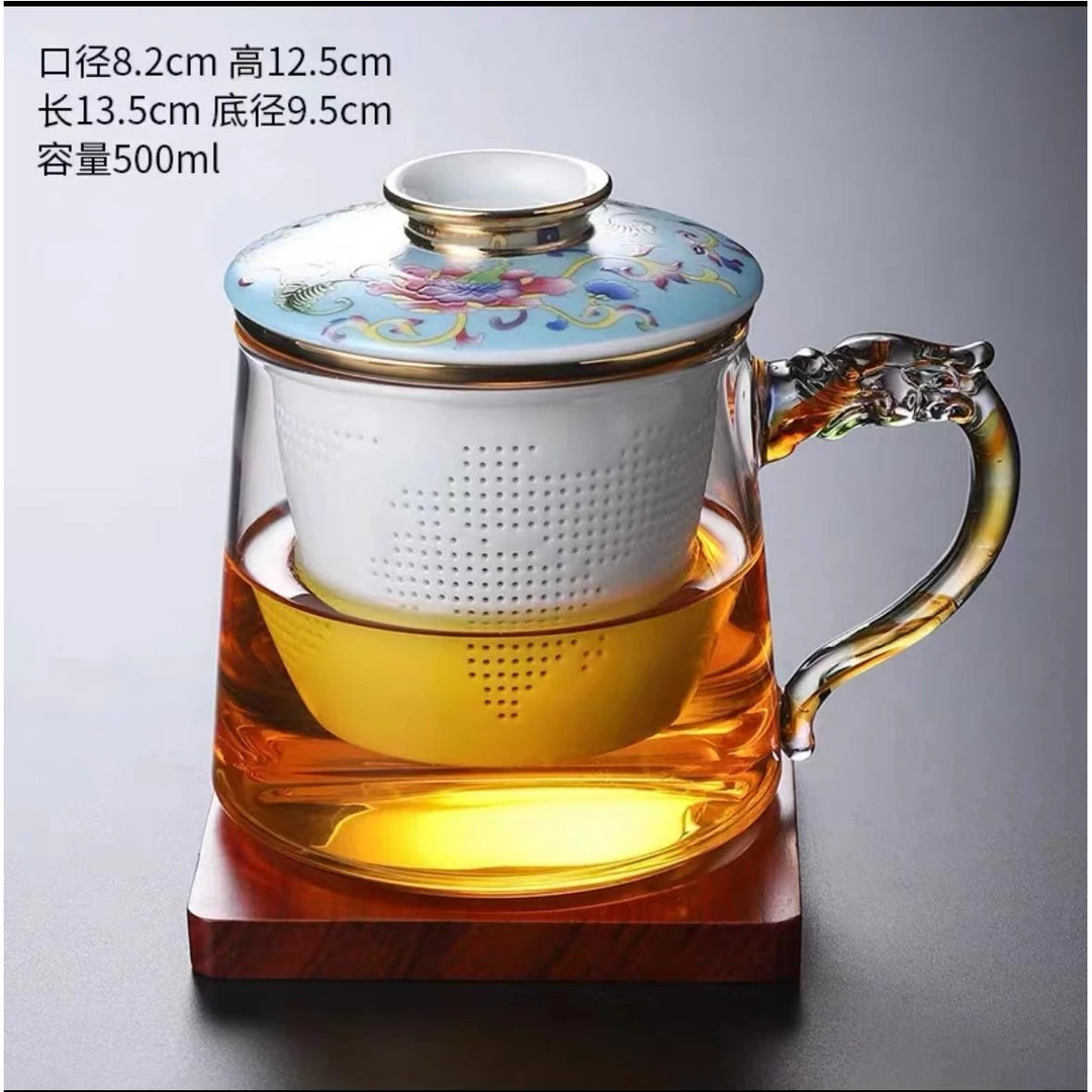 宫廷风珐琅彩耐热玻璃茶杯泡茶杯过滤茶水分离陶瓷内胆龙把手茶杯