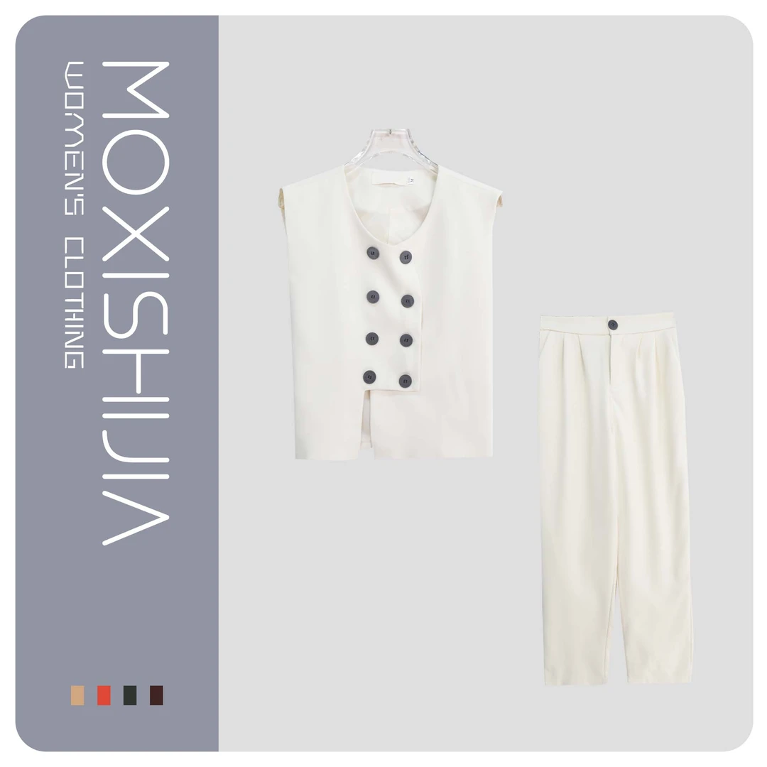 S通勤设计感不规则双排扣马夹直筒裤套装S3560