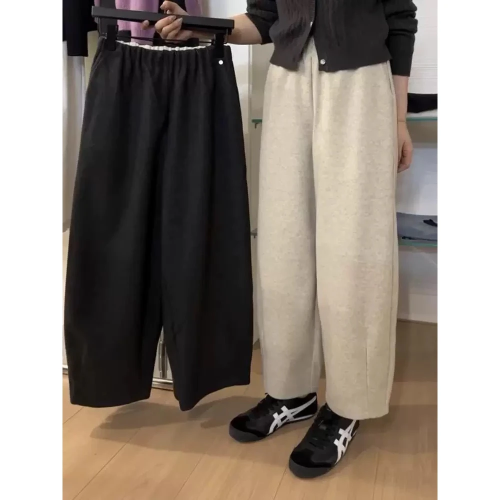 《24102》韩系毛呢直筒裤秋冬松紧腰小个子显瘦九分休闲哈伦裤