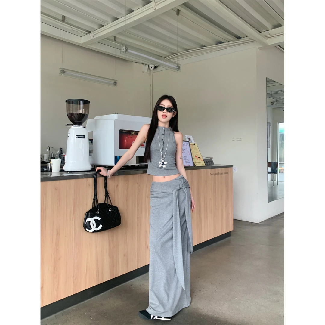 辣妹风灰色修身无袖背心女夏季休闲套装绑带包臀半身裙长裙两件套