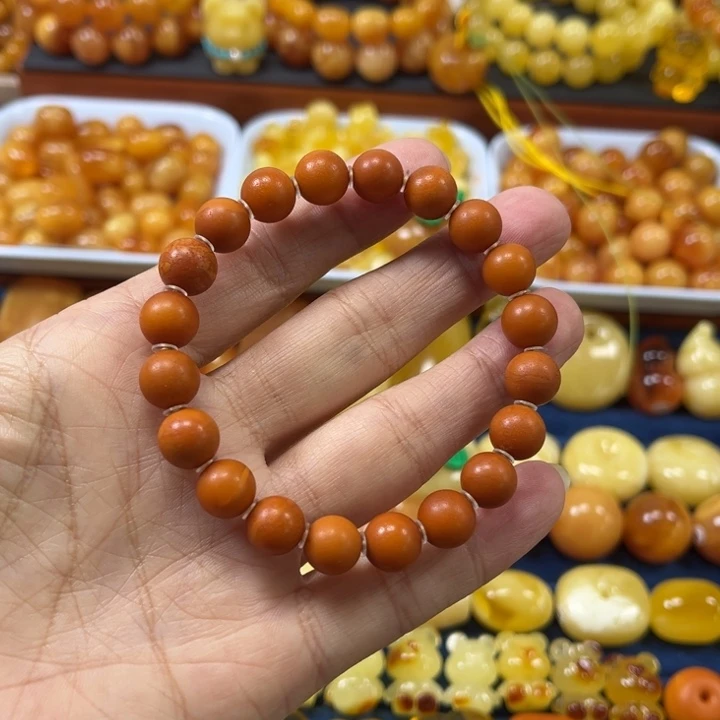 琥珀未镶嵌裸石卡9加老蜡橘皮手串精工微瑕