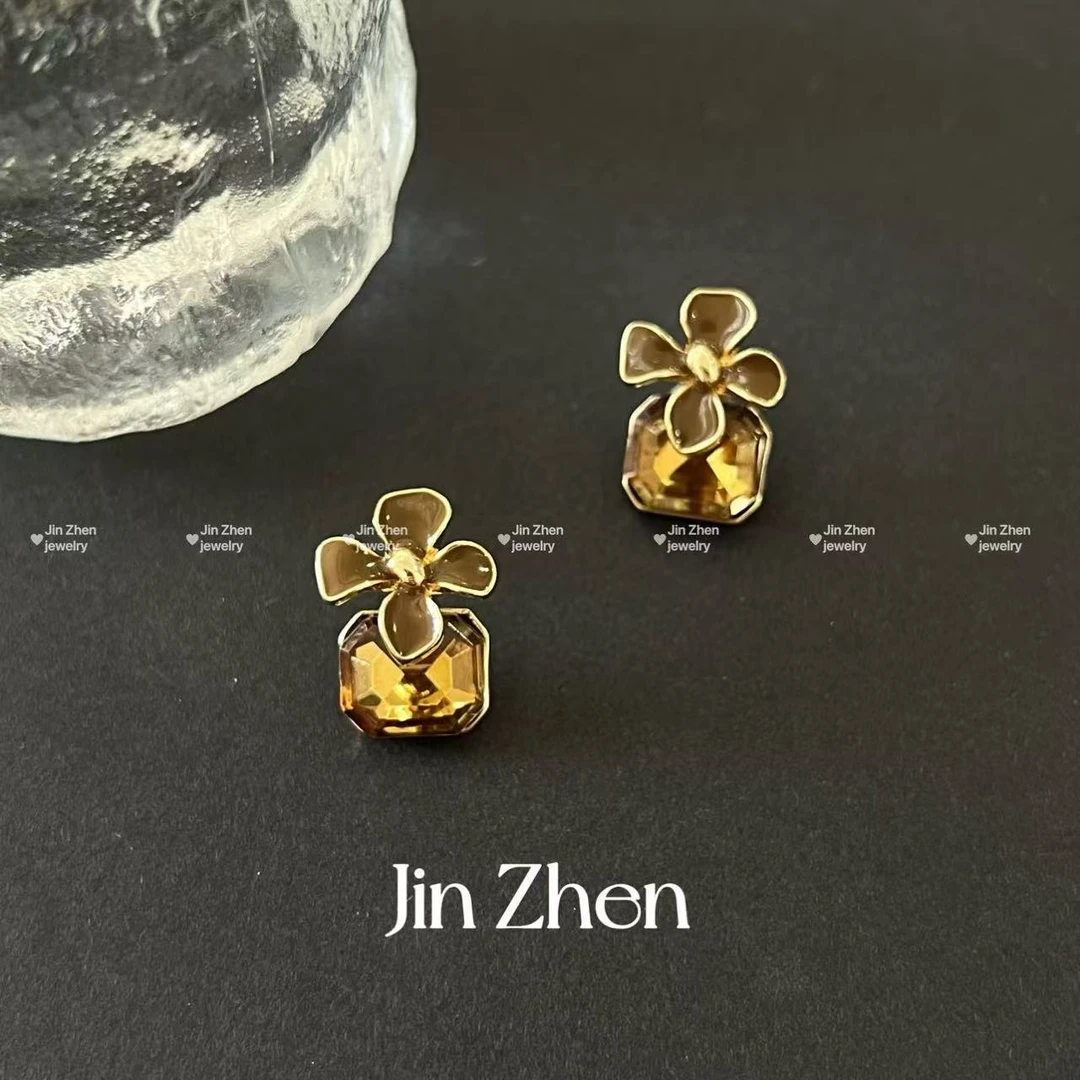 合金耳饰 24年秋冬款时尚气质香槟色锆石小众高级感花朵轻奢耳饰