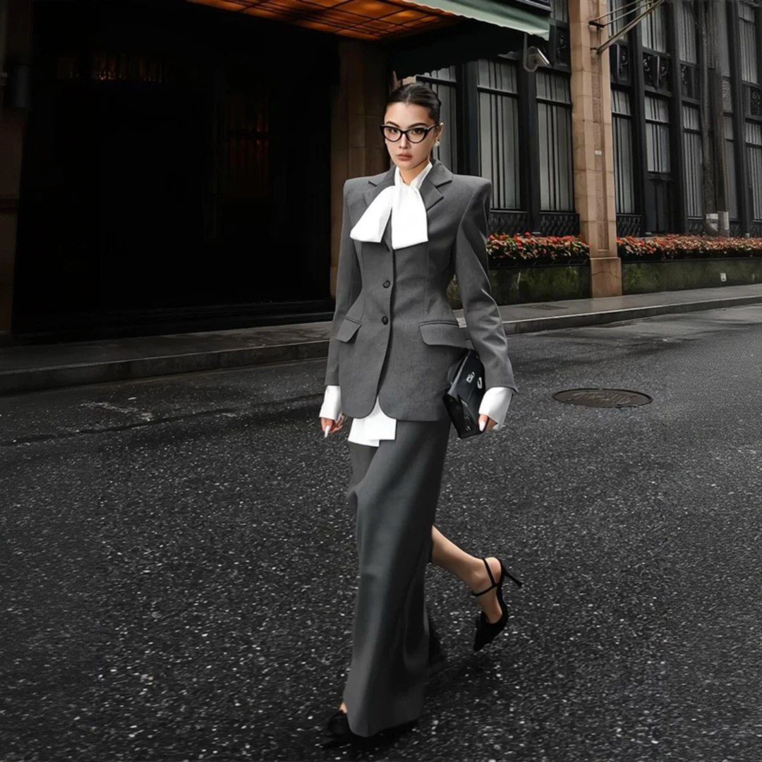 法式英伦风女春轻奢高级感女人味又a又飒灰色西装半身裙两件套装