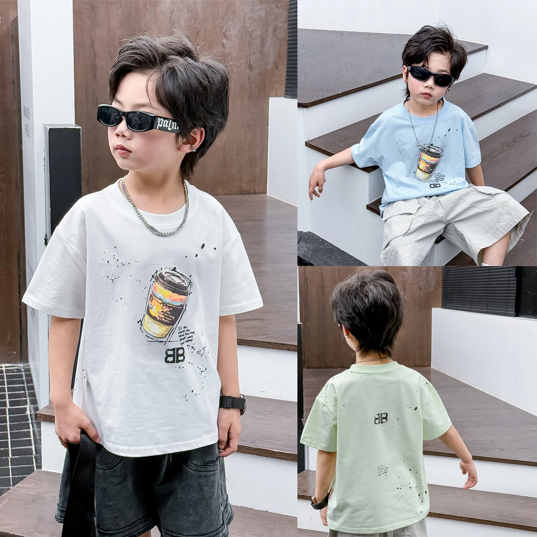 新款男童短袖森系印花T恤儿童中大童装服装夏季半袖上衣时尚个性