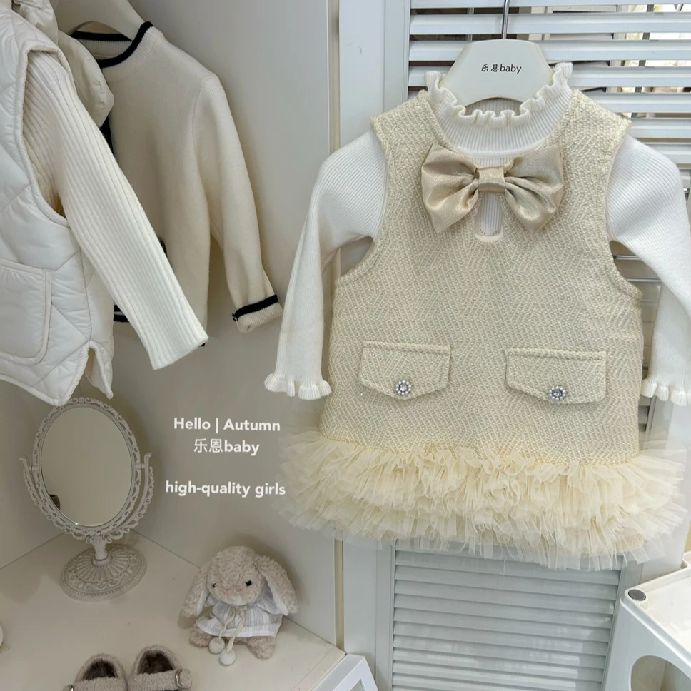现货【乐恩童装】女童秋冬季奶黄色背心加绒裙米白色毛衣小香风套装