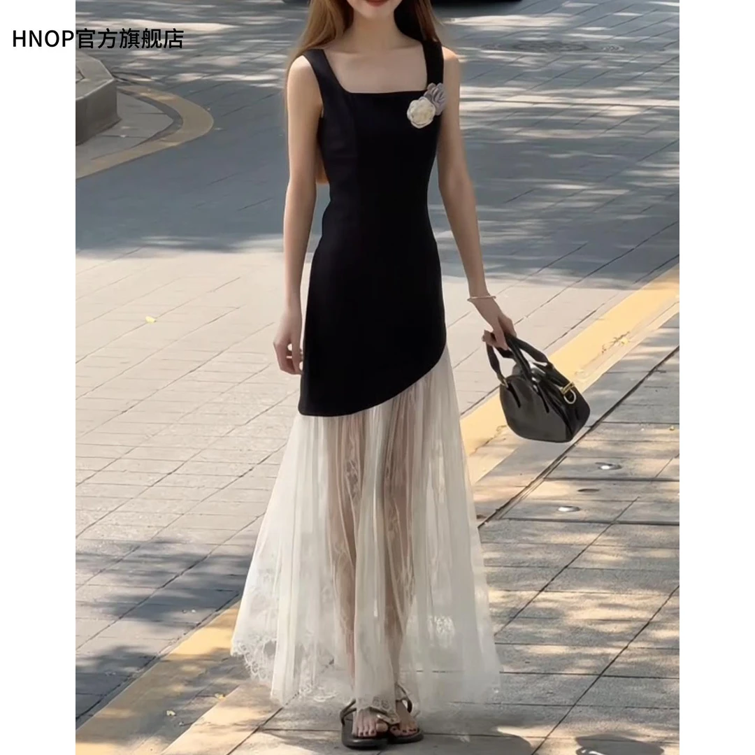 法式复古蕾丝拼接吊带连衣裙女2025夏季新款气质收腰显瘦A字长裙