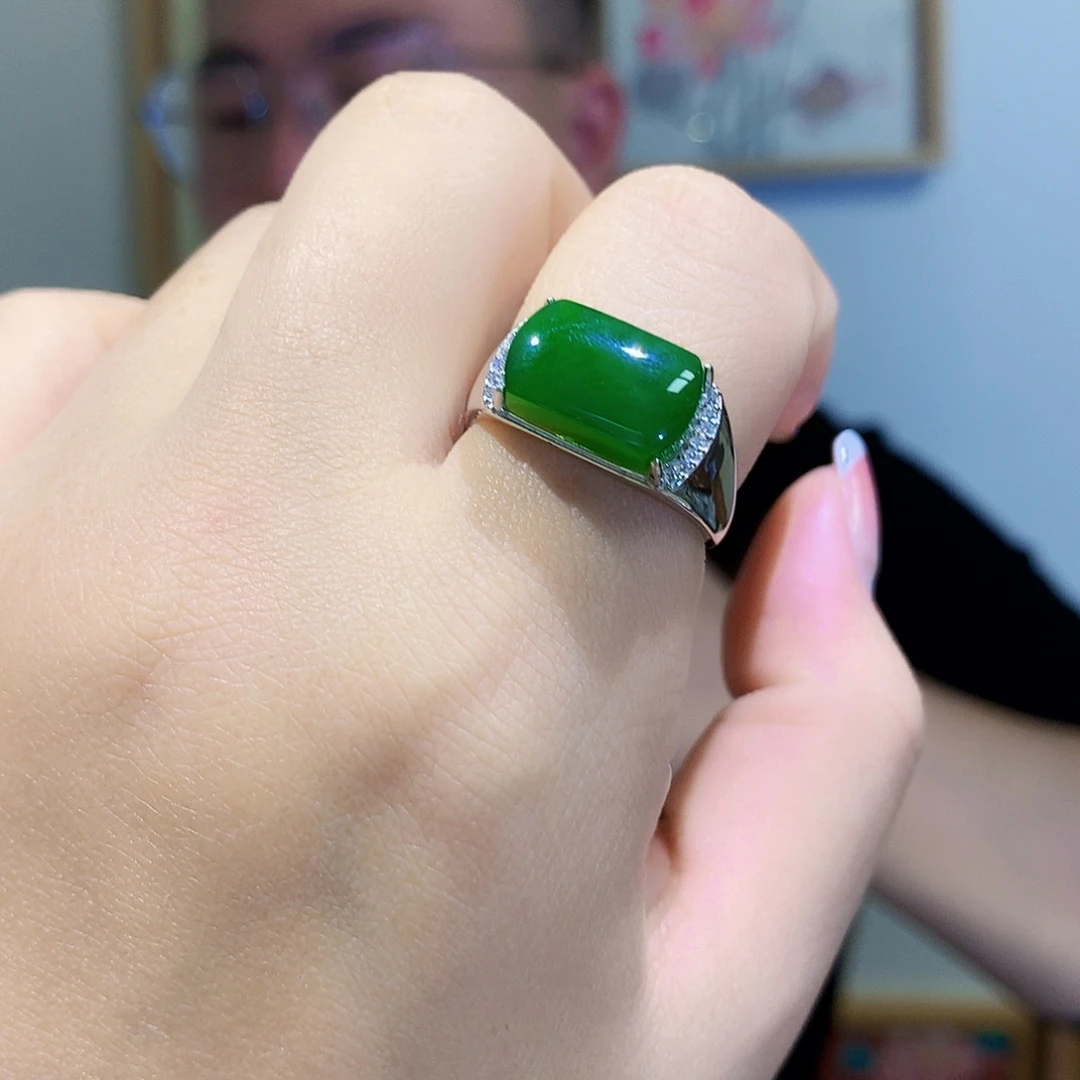 和田玉（碧玉）戒指银S925镀金镶嵌