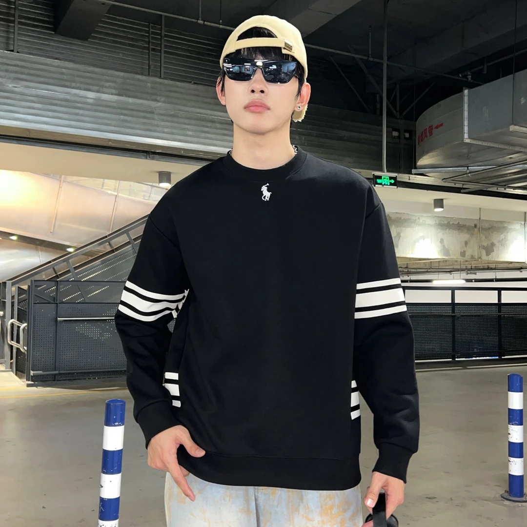 【高端男装】圆领套头卫衣男士设计感百搭拼接打底衫舒适休闲长袖