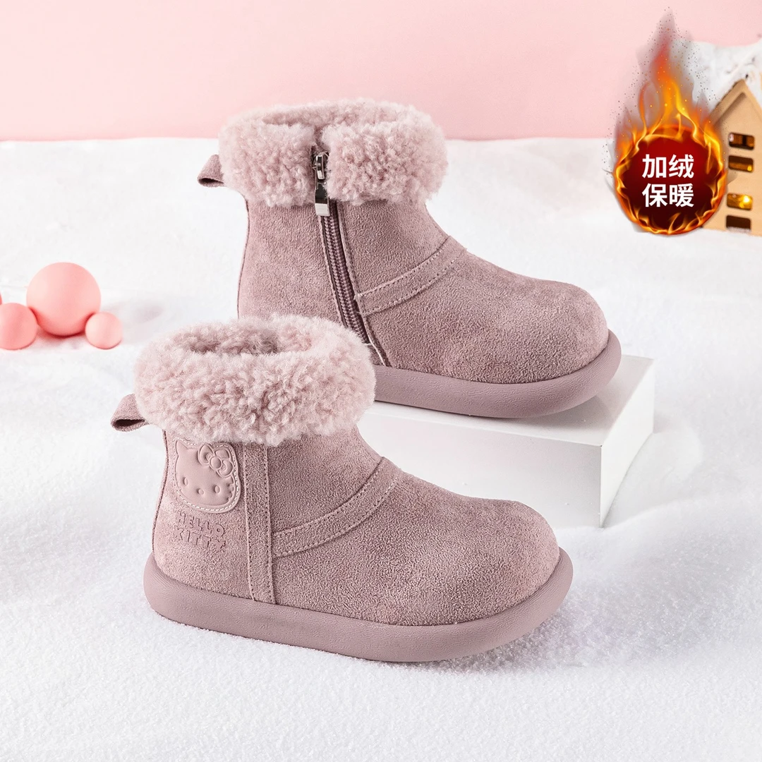 HelloKitty女童雪地靴冬季户外时尚加绒加厚短靴儿童东北大棉鞋子